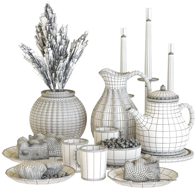 A set of dishes IKEA with cake, muffins and dried flowers — Descargar