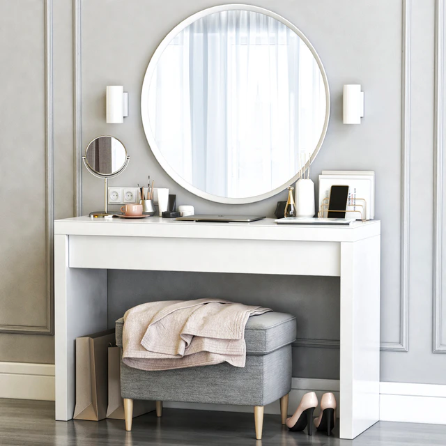 Ikea Malm Dressing Table with Langesund Round Mirror and Strandmon Gray Ottoman — Скачать