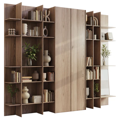 wooden Shelves Decorative With Plants and Book - Wooden Rack 09 — Ver 1
