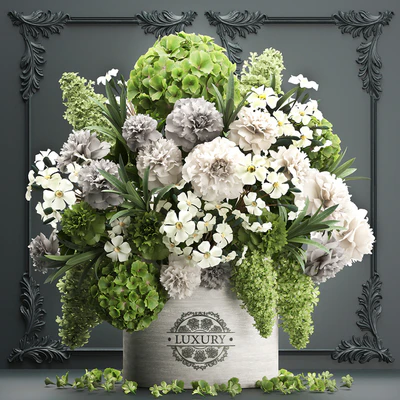 Bouquet of flowers 90. luxury bouquet, stucco frame, Hydrangea, lilac, peonies, oleander, vase, gold — Ver 1