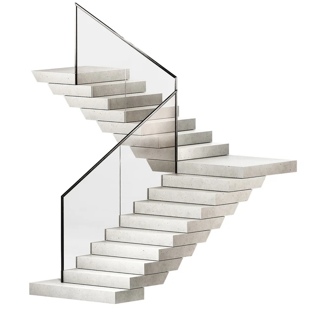 Stairs 3. Stone steps. Metal glass railings. 2 color options - marble and concrete. — Descargar