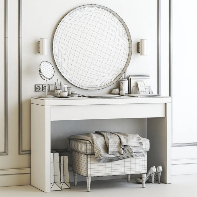 Ikea Malm Dressing Table with Langesund Round Mirror and Strandmon Gray Ottoman — Скачать