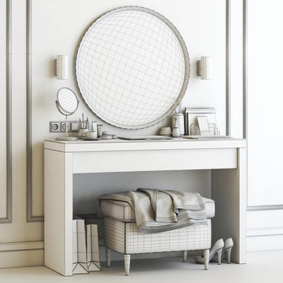 Ikea Malm Dressing Table with Langesund Round Mirror and Strandmon Gray Ottoman — Вид 3