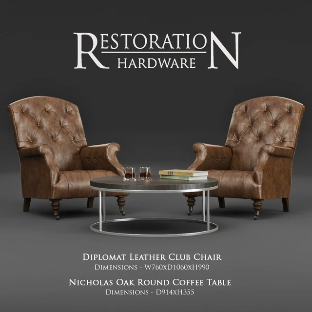 Restoration Hardware / Diplomat Leather Club Chair & Nicholas Oak Round Coffee Table — Скачать