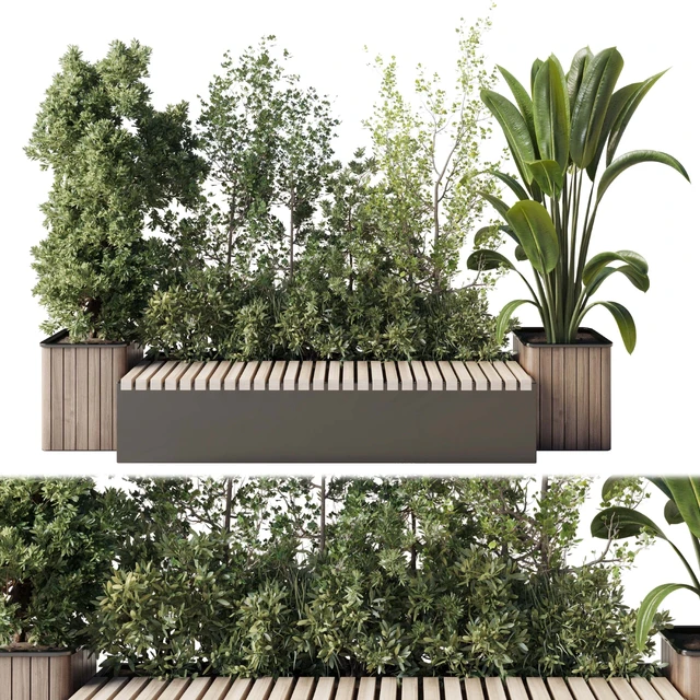 Urban Environment Urban Furniture Green Benches Set Plants Tree 29 — Скачать