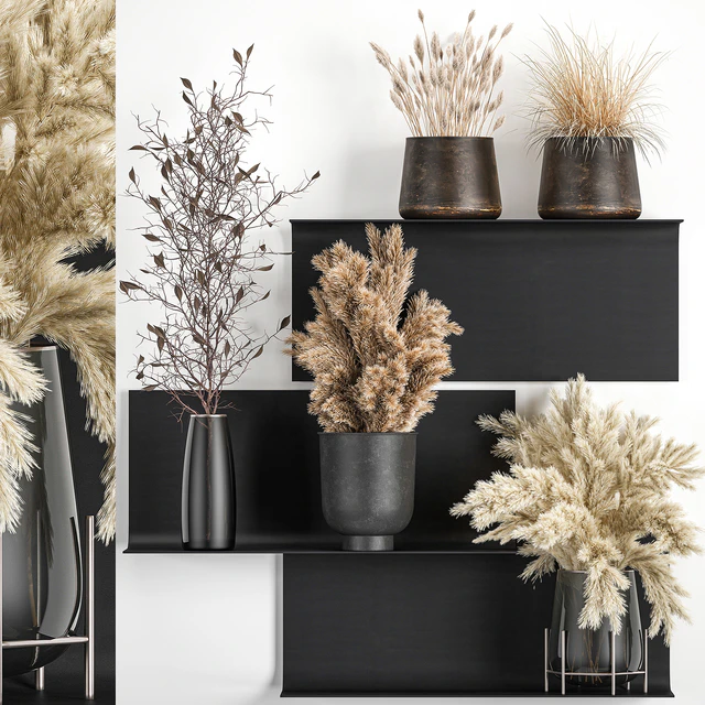 A set of bouquets of dried flowers in vases on a black metal shelf made of Pampas branches, reeds. 119 — Descargar