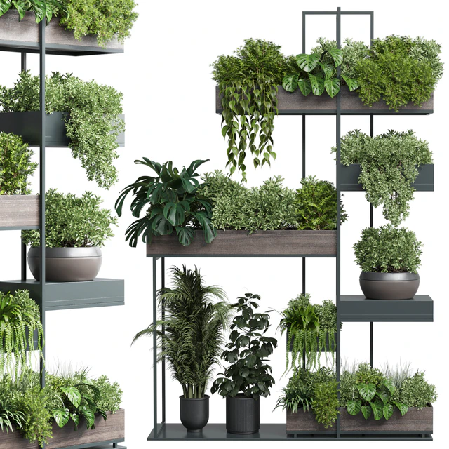 Standing metal shelf with a set of plants in wooden and metal boxes 267 — Descargar