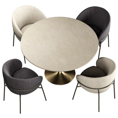 RIMO Chair Brown Marble Dining Table with Brass Base — Ver 3