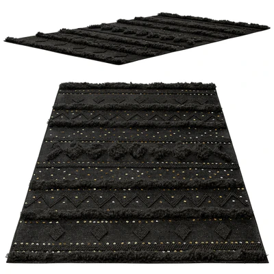 nuLOOM Black Wool Raised Geometric Shag Rug — Ver 2