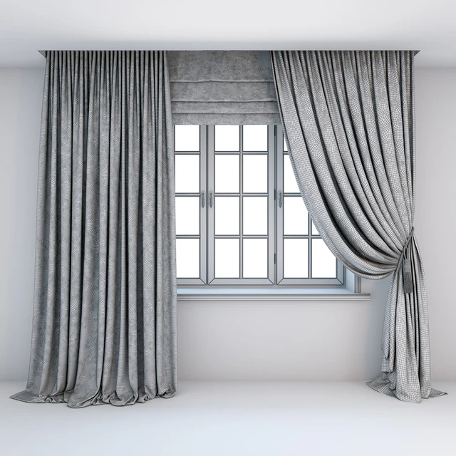 Two-color light curtains in the floor are straight and with a pick-up brush with a dark edging, Roman curtains and a window with layouts. — Descargar