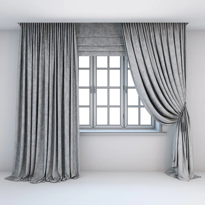 Two-color light curtains in the floor are straight and with a pick-up brush with a dark edging, Roman curtains and a window with layouts. — Ver 2