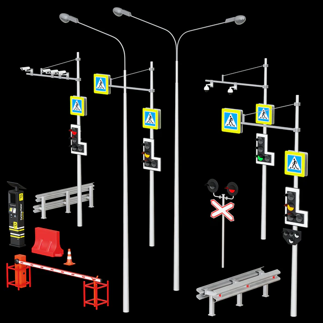 Road elements. Fences, traffic lights, cameras, parking meters. — Descargar