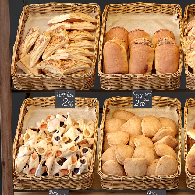 Showcase with pastries for shop and cafe. Bread — Descargar