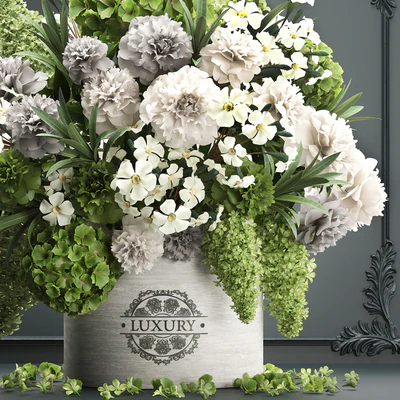Bouquet of flowers 90. luxury bouquet, stucco frame, Hydrangea, lilac, peonies, oleander, vase, gold — Ver 2