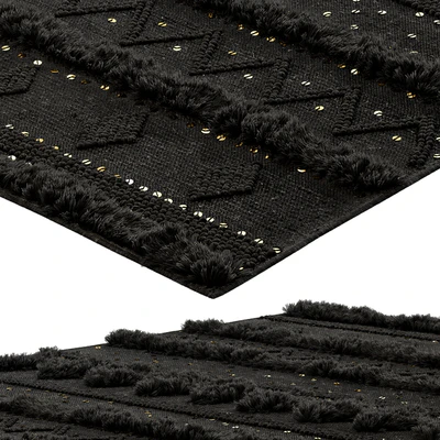 nuLOOM Black Wool Raised Geometric Shag Rug — Ver 3