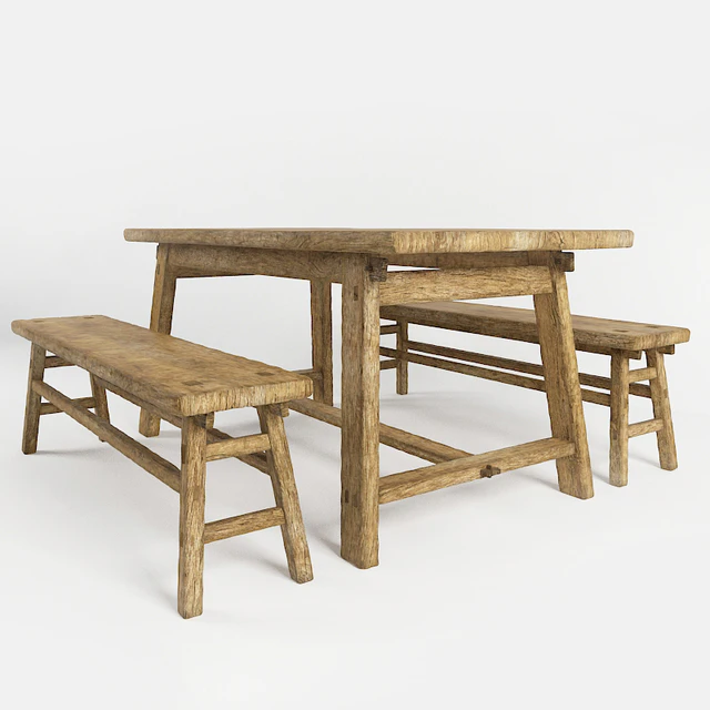 A table and a bench in the style of country. Table and bench in rustic style — Descargar
