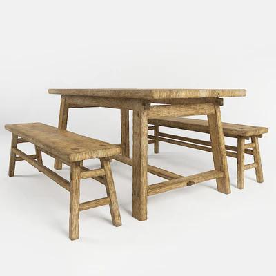 A table and a bench in the style of country. Table and bench in rustic style — Ver 2