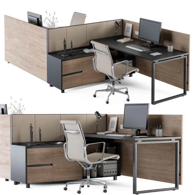 Office Desk Set Cream and Wood — Descargar