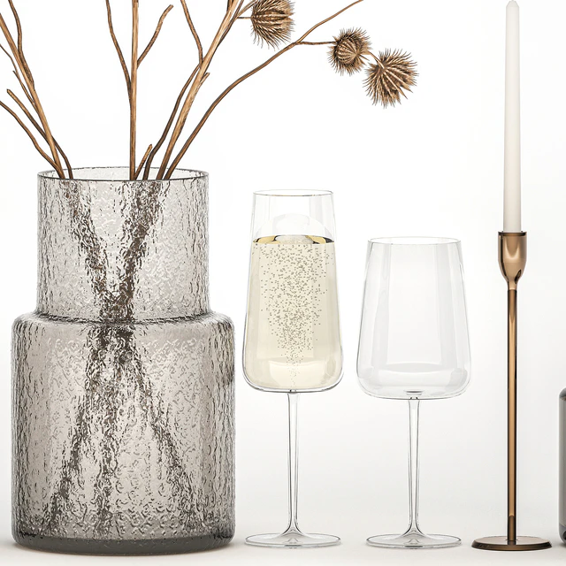 Bouquet of dried flowers from thorn branches burdock with a vase and a glass of sparkling wine. 253 — Descargar