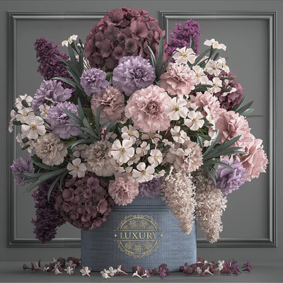 A bouquet of flowers in a gift box 87. Hydrangea, vase, peonies, oleander, decor, luxury, flowers, luxury decor, decoration, stylish, stucco, frame — Ver 2