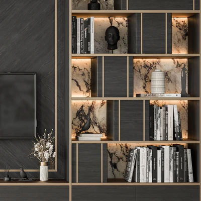TV Wall Black Wood with Stone Slab - Set 32 — Ver 2