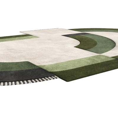 Carpet Contemporary Oval Rug with Geometric Pattern in Green Hues and Beige in Wool — Ver 2
