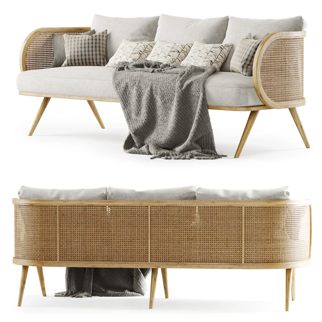 Three-seater wooden rattan sofa CV23 / Three-seater rattan sofa — Descargar