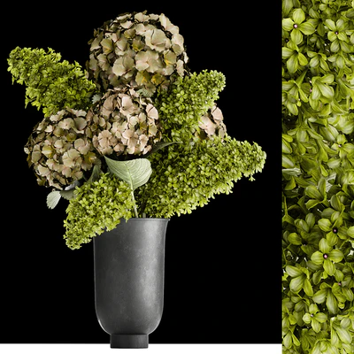 Beautiful modern bouquet of green flowers in a black vase with Hydrangea, green Lilac. 169 — Ver 1