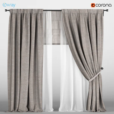 Light brown curtains with pickup + white tulle + Roman curtain. — Ver 1