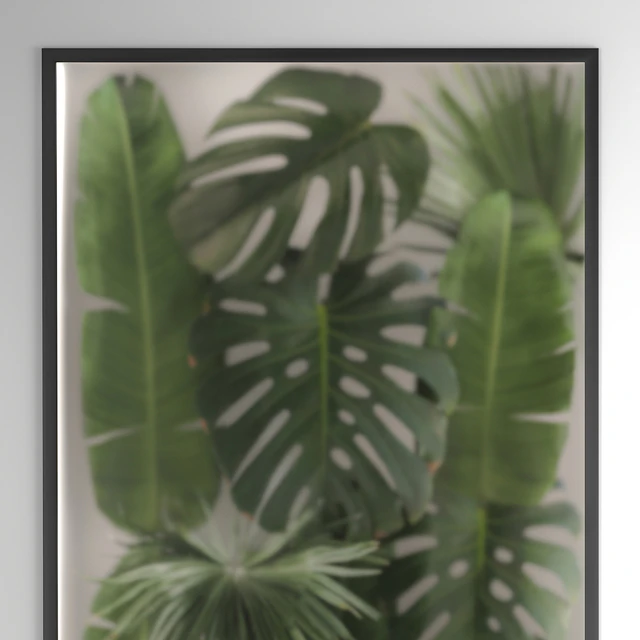 Phytowall and phytobox made of banana palm branches and fan palm leaves in a niche behind a translucent stack. Bouquet 286. — Descargar