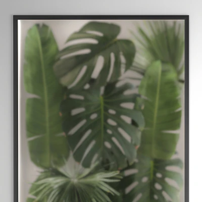 Phytowall and phytobox made of banana palm branches and fan palm leaves in a niche behind a translucent stack. Bouquet 286. — Ver 2