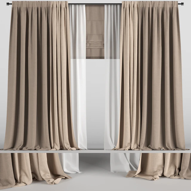 Brown curtains in two colors with tulle and roman blinds. — Descargar