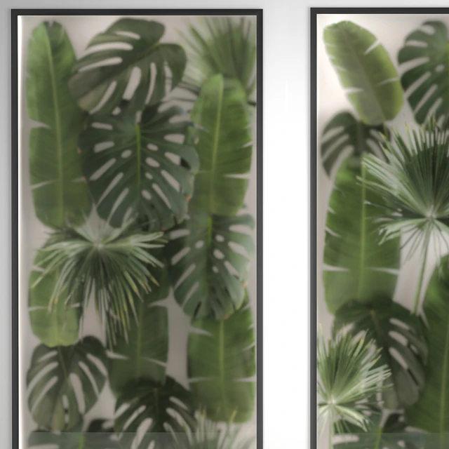 Phytowall and phytobox made of banana palm branches and fan palm leaves in a niche behind a translucent stack. Bouquet 286. — Descargar