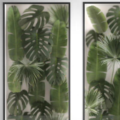 Phytowall and phytobox made of banana palm branches and fan palm leaves in a niche behind a translucent stack. Bouquet 286. — Ver 3