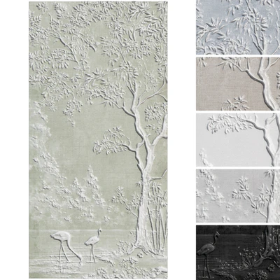 Botanical bas-relief plaster wall decorative panel flamingo forest lake tree nature — download