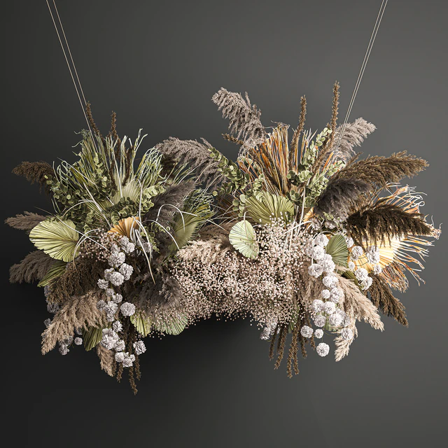 Hanging bouquet and installation under the ceiling, decor above the table made of dried flowers, palm leaf and pampas grass. 232. — Descargar