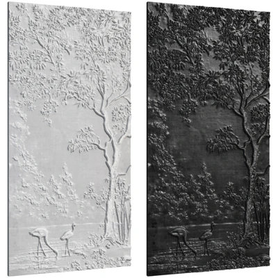 Botanical bas-relief plaster wall decorative panel flamingo forest lake tree nature — View 2