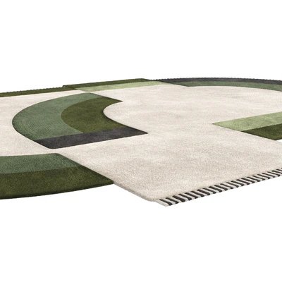 Carpet Contemporary Oval Rug with Geometric Pattern in Green Hues and Beige in Wool — Ver 3