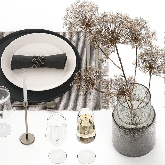 Table service 24. Dried flower, bouquet, hogweed, branches, cutlery, glass, sparkling wine, luxury decor, eco design, vase — Descargar