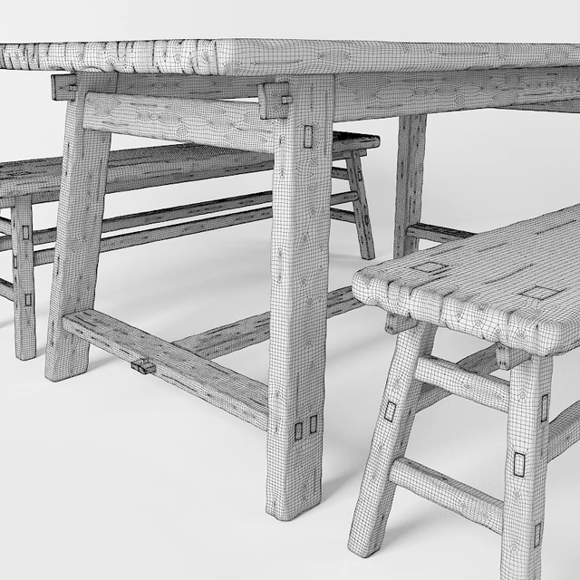 A table and a bench in the style of country. Table and bench in rustic style — Descargar