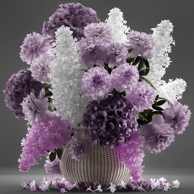 A bouquet of flowers 86. Flowers, white basket, spring flowers, rattan, hydrangea, eco design, nature decor, table decoration — Descargar