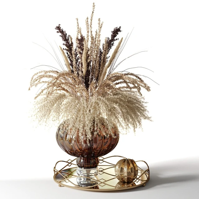 A bouquet of dried flowers in a pot-bellied brown vase on a tray — Descargar