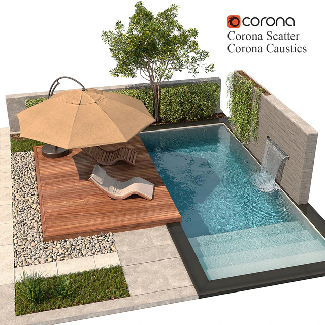 Backyard with Pool & plants & Furniture — Descargar