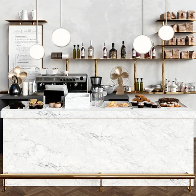 A modern cafe with a marble counter and desserts. Coffee house, cake — Ver 1