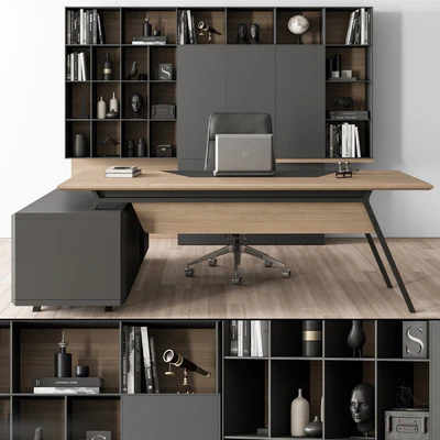 Manager Desk and Library Wood and Black - Office Furniture 266 — Ver 1
