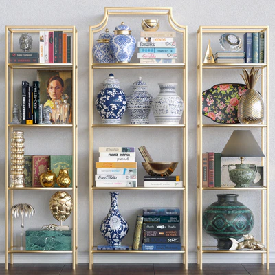 Golden rack with decor for the apartment, figurines and a lamp — Ver 1