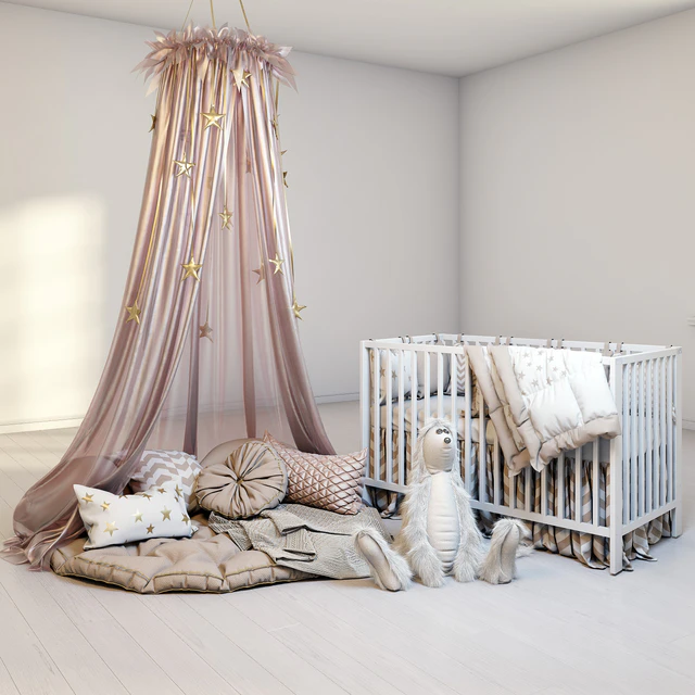 A cozy set for a children's room with a canopy, a cot IKEA Gulliver and a fluffy rabbit. — Descargar