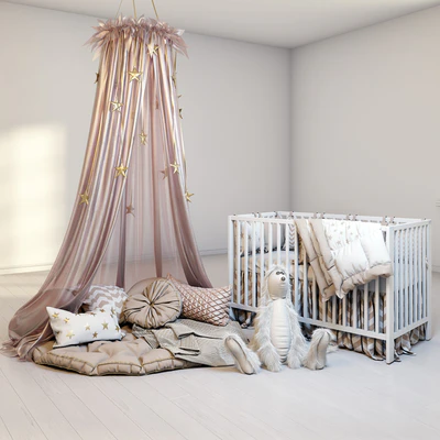 A cozy set for a children's room with a canopy, a cot IKEA Gulliver and a fluffy rabbit. — Ver 1