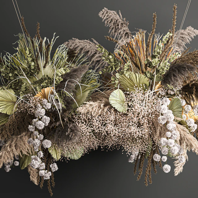 Hanging bouquet and installation under the ceiling, decor above the table made of dried flowers, palm leaf and pampas grass. 232. — Descargar