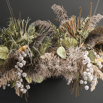 Hanging bouquet and installation under the ceiling, decor above the table made of dried flowers, palm leaf and pampas grass. 232. — Ver 2